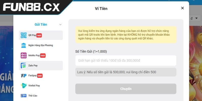 Đa dạng phương thức nạp và rút tiền FUN88